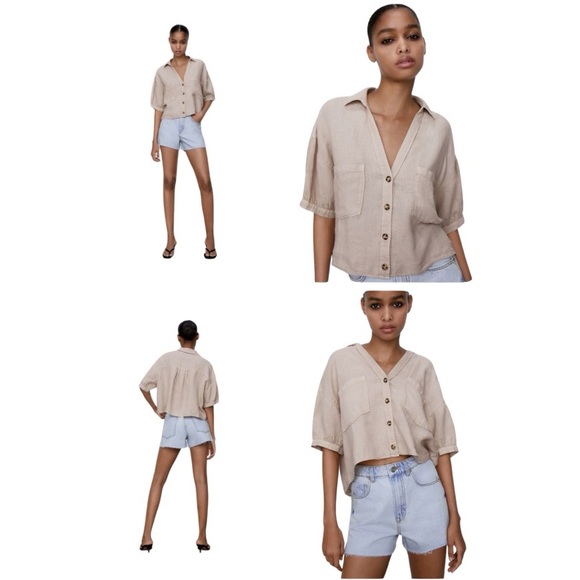 Zara 100% Linen Cropped Shirt Womens M Tan Button Up Short Sleeve Boxy Collared - Picture 4 of 8